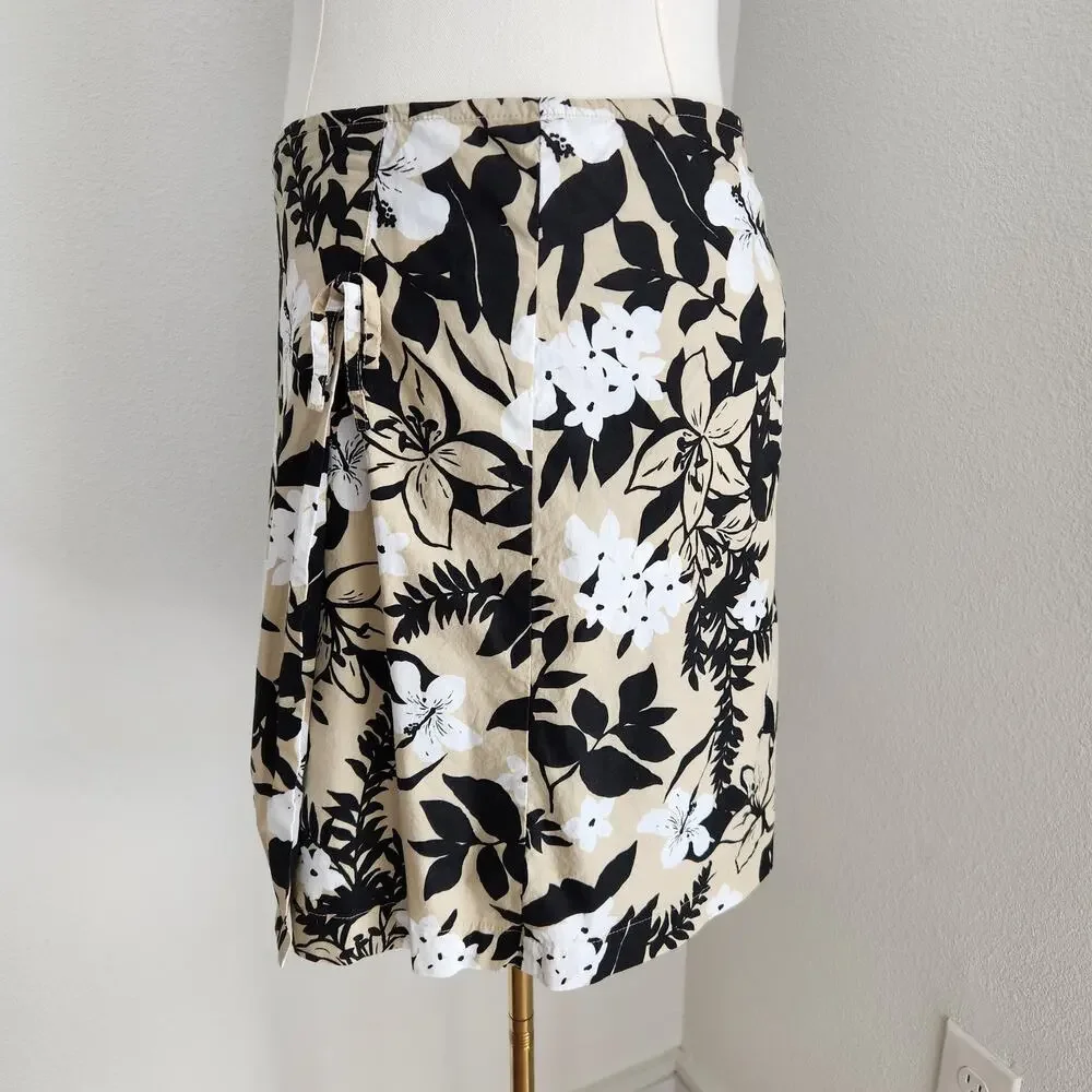 Vintage Y2K Black White Khaki Floral Cotton Wrap Mini Skirt Resort Coastal 14